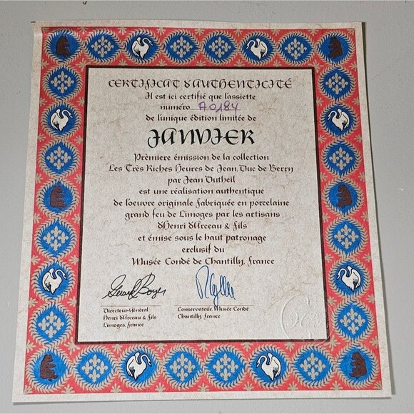 Vintage 1970s French D'Arceau-Limoges Premiere Limited Edition "Janvier" Plate - Picture 4 of 7